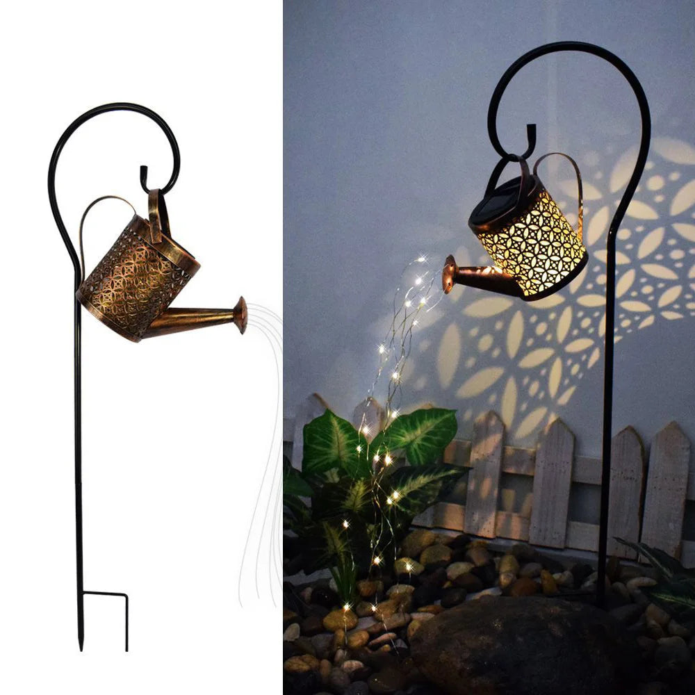 arrosoir lumineux solaire doré motifs floraux tringle noire led moderne jardinextérieur