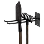 rangements outils jardin mural noir industriel pelle râteau fourche fixations plaques métal lisse