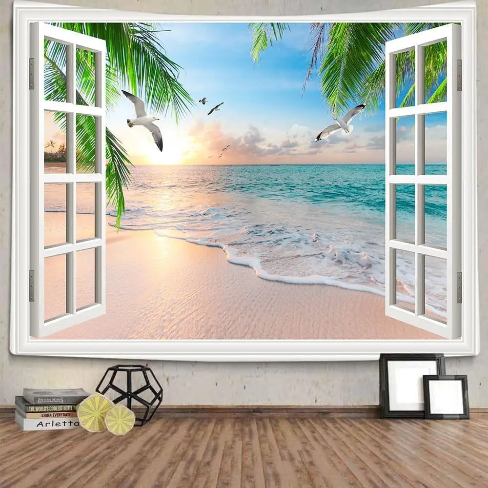 poster mural paysage marin plage palmiers couchersoleil adhésif lavablepolyester blanc vert bleu beige doré