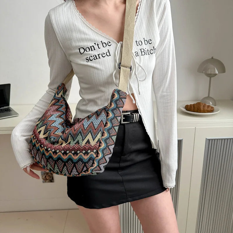 sac main bleu rose beige moderne ethnique motif zigzag géométrique toile douce fermure éclair