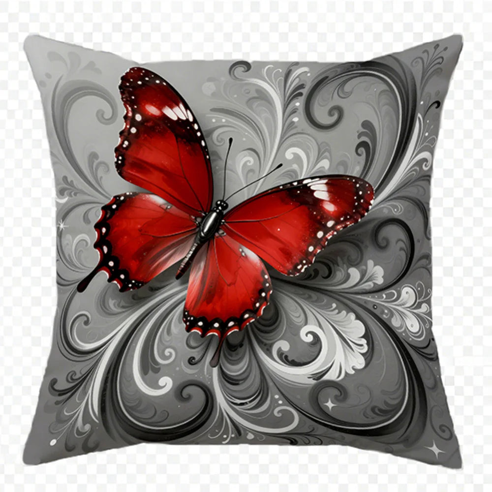 taies d'oreiller imprimées papillons fleurs rouge gris lit maison hospitalière polyester peachskin decoration chambre