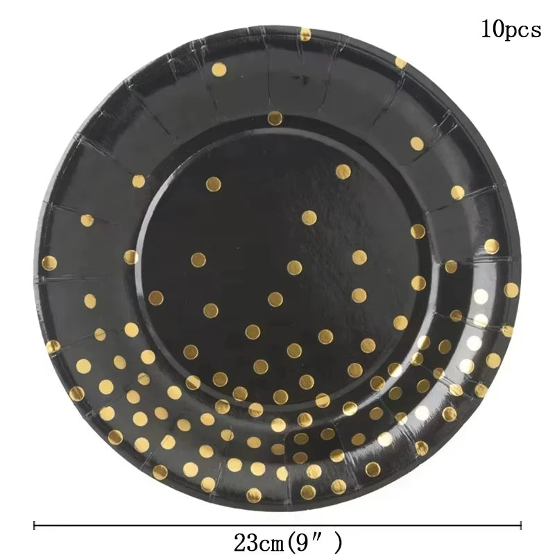 assiettes pois dorés noires gobelets serviettes tablecloth fête anniversaire mariage nouveauannée