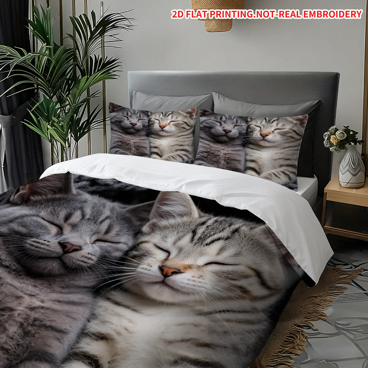 housse couette motif chats endormis gris blanc moderne machine lavable