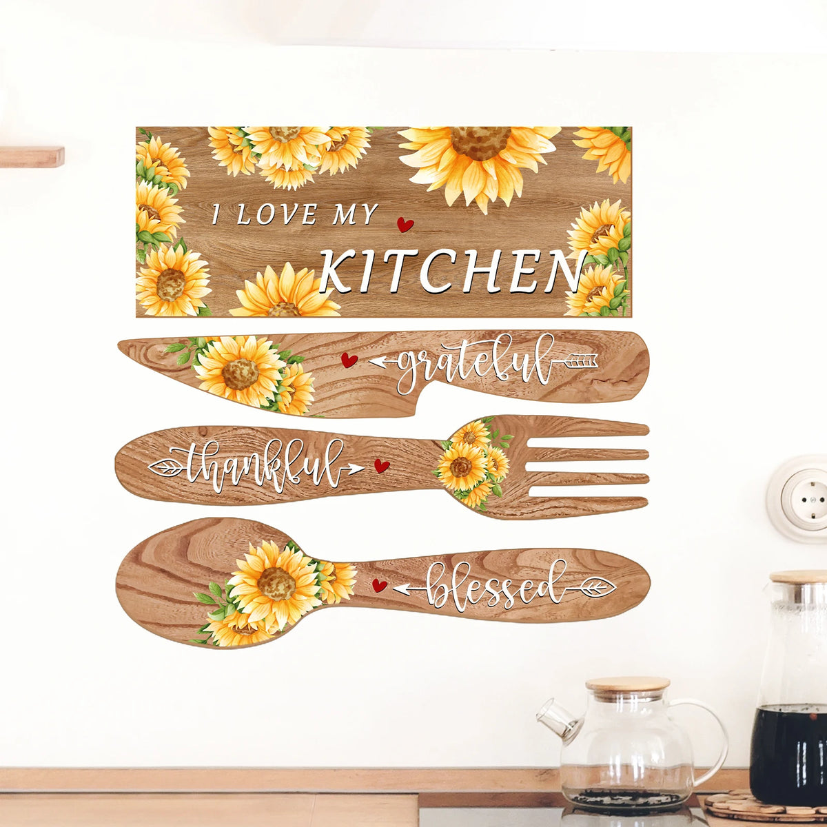 décorations murales rustiques tournesol love my kitchen grateful thankful blessed vinyle autoadhésif