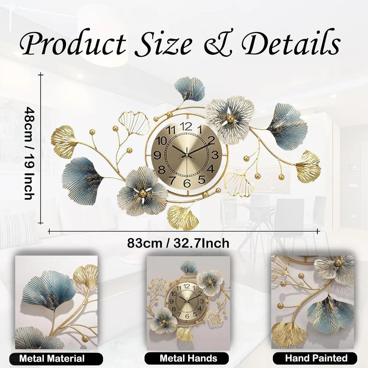horloge murale moderne or bleu fleurs stylisées silencieuse quartz décoratif fixations murales