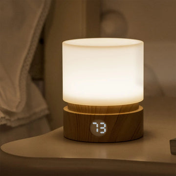 lampe chevet rechargeable led blanc texture bois moderne minimaliste affichage numérique tactile