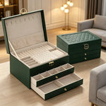 boîtes bijoux modernes élégantes compartiments cuir velours noir blanc vert rose poignées dorées