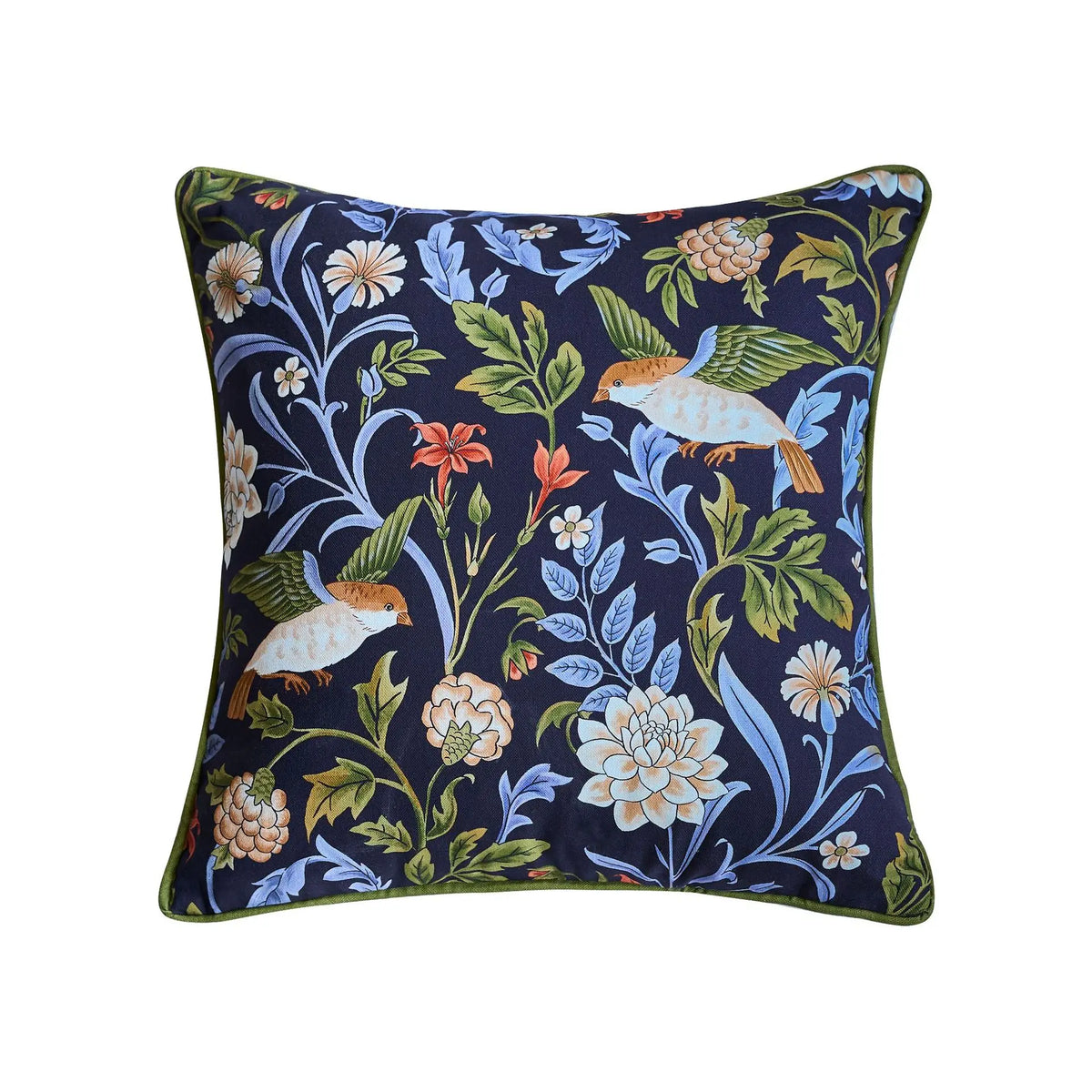 housse coussin polyester motif floral oiseaux vintage décor canapé chaise lit bleu marine vert