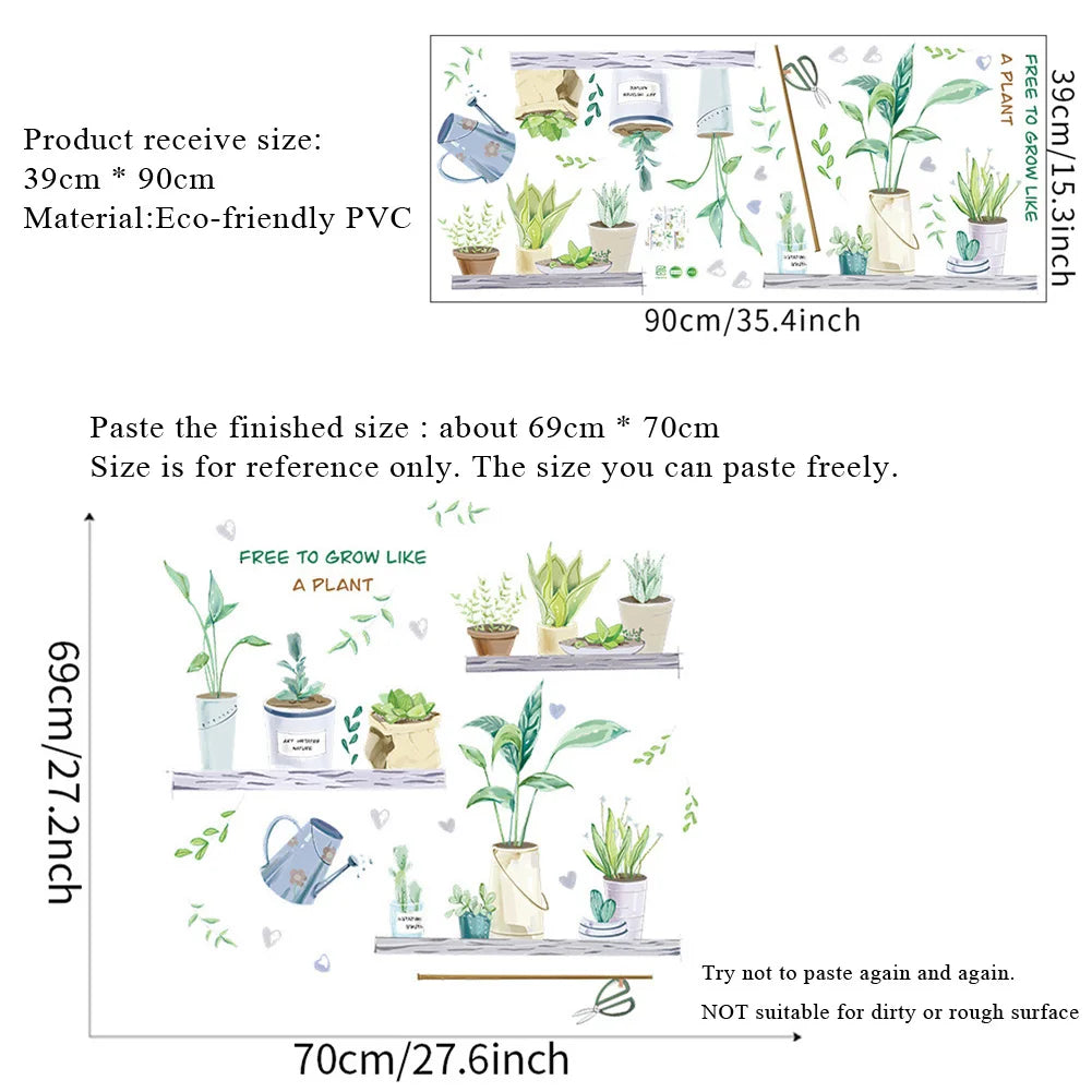 sticker mural adhésif plante verte illustration naturelle pots arrosoirs moderne 69cm 70cm