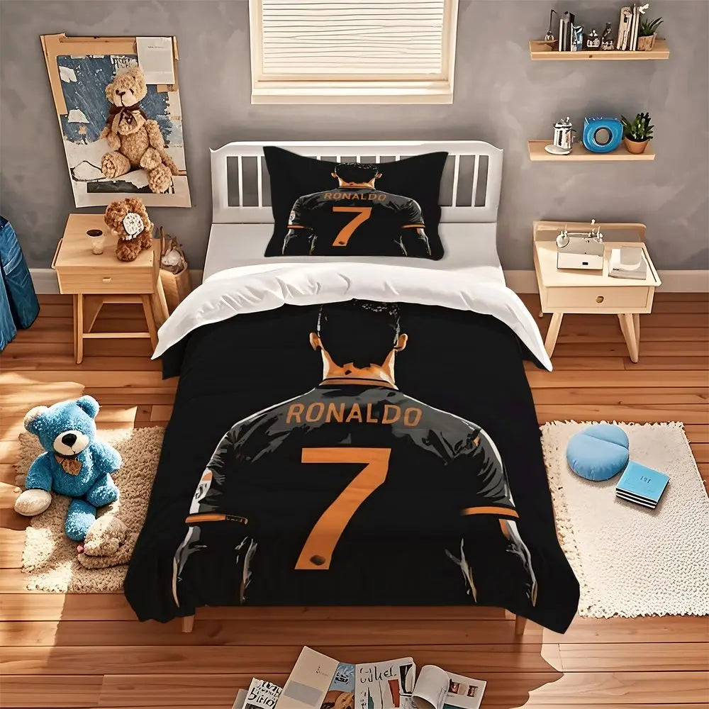 housse couette football star ronaldo motif moderne noir blanc orange taies d'oreiller