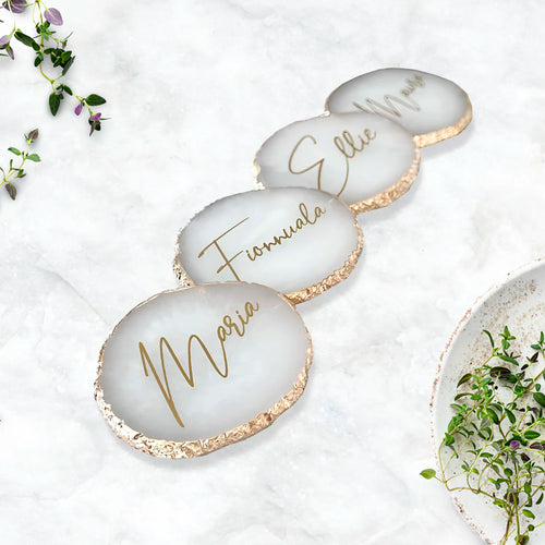 Sous-verre en résine personnalisé pour mariage avec nom gravé en or rose
