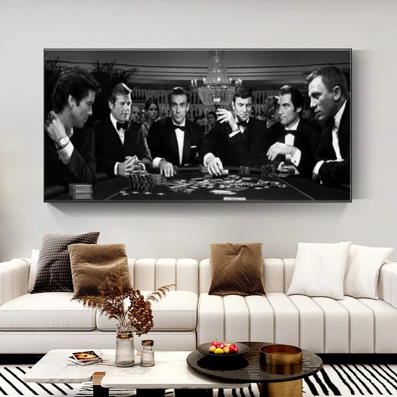 tableau toile cadre doré scène poker noir blanc décoration murale salon maison classique