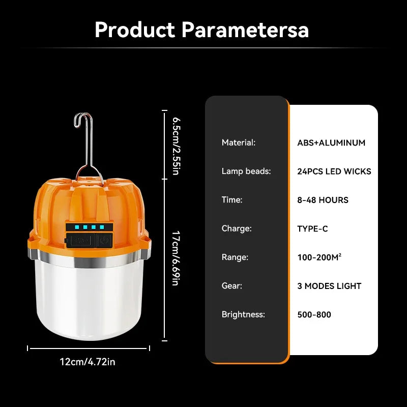 lampe camping rechargeable usb orange blanc moderne interrupteur crochet métallique led