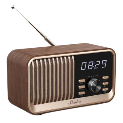 Radio-réveil en bois brun avec affichage LED et haut-parleur