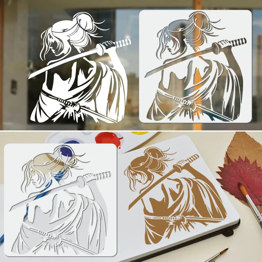 Stencil blanc samouraï femme épée art traditionnel peinture tissu toile murale decoration artisanale DIY