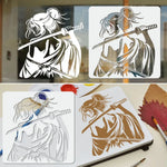 Stencil blanc samouraï femme épée art traditionnel peinture tissu toile murale decoration artisanale DIY