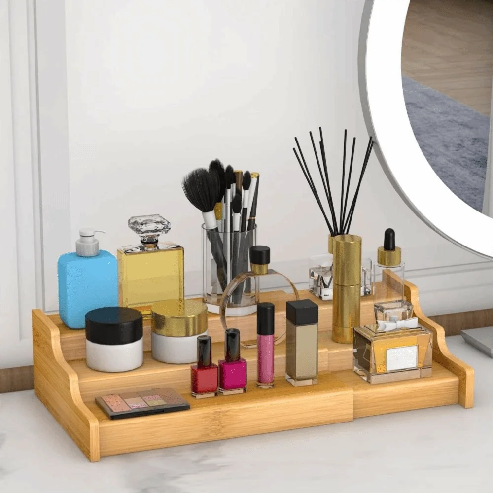 étagère modulable bois naturel minimaliste multifonctionnelle rangement bouteilles flacons pots sauces parfums cosmétiques adaptable