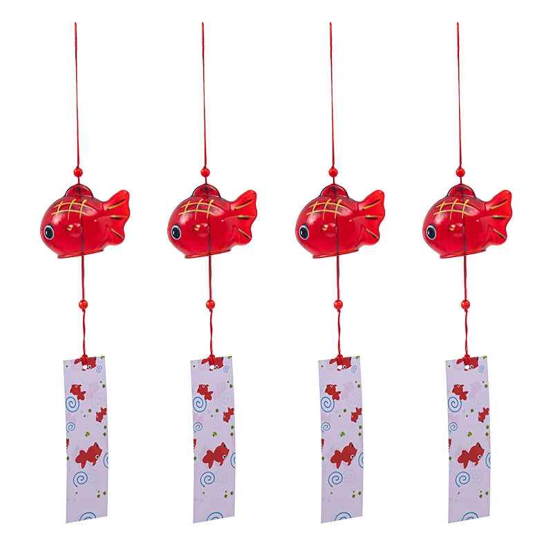 mobiles vent japonais verre transparent poissons chats décor extérieur rouge vert bleu blanc