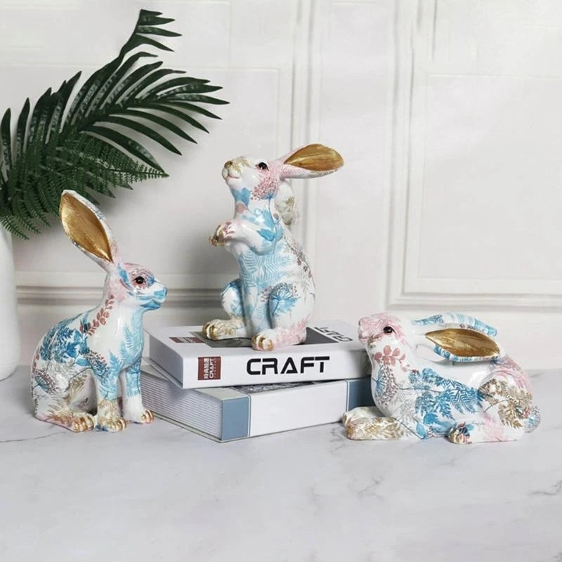 statuette lapin décorative résine peinte motifs floraux dorures modernes blanc rose bleu vert jaune