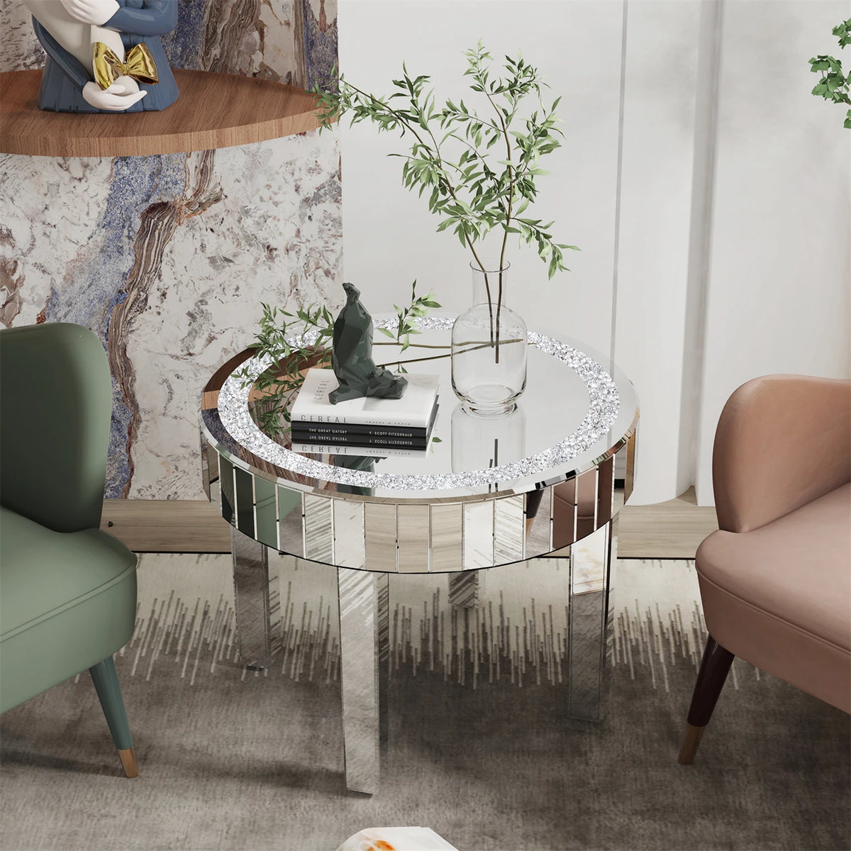 table d'appoint ronde argentée strass moderne élégante pieds simples transparente minimaliste
