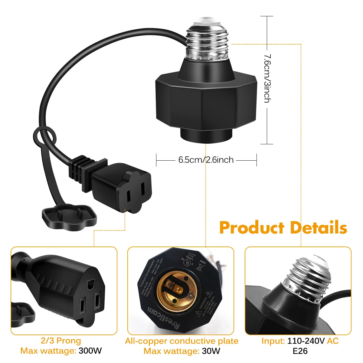 socle lampe e26 noir moderne cable prise ampoule e26 certifié abs garantie
