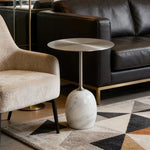 table d'appoint moderne marbre blanc veines grises pied central salon chambre