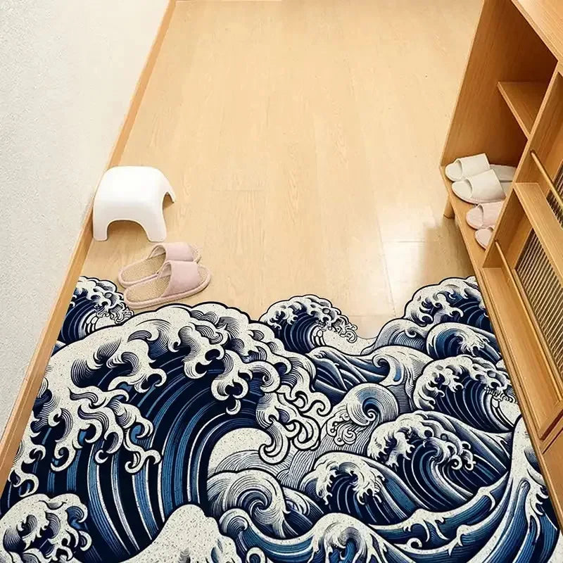 tapis sol antidérapant vagues japonaises bleu blanc moderne entrée prière exercice
