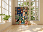 tableau floral patchwork lanternes géométrique moderne bleu vert orange noir blanc