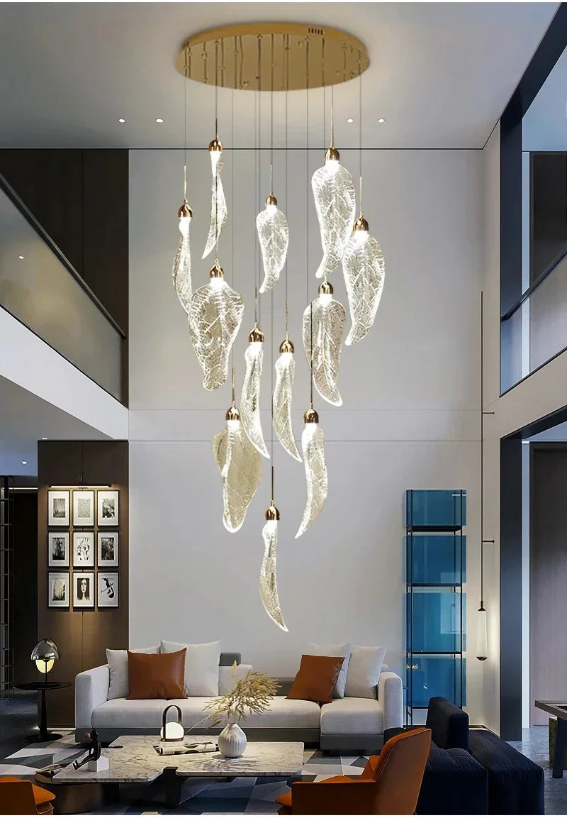 lustre suspension moderne escalier feuilles acrylique transparent doré luminaire luxe salon