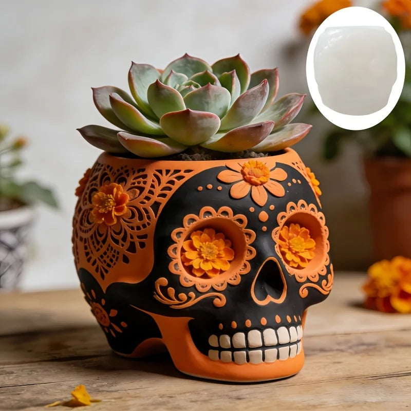 moule silicone cache pot crâne fleurs décoratif résine plante succulente jardin objet artisanal noir