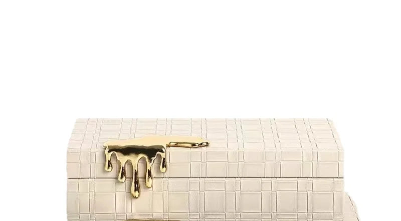 boîte bijoux cuir moderne carré poignées dorées beige noir grande taille