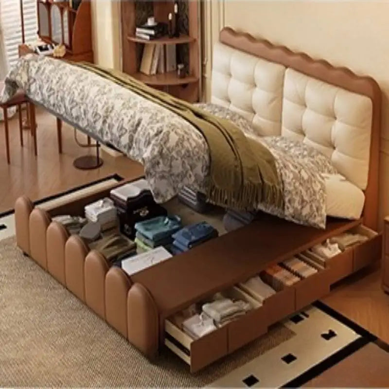 lit moderne simili cuir capitonné beige marron noir tiroirs intégrés