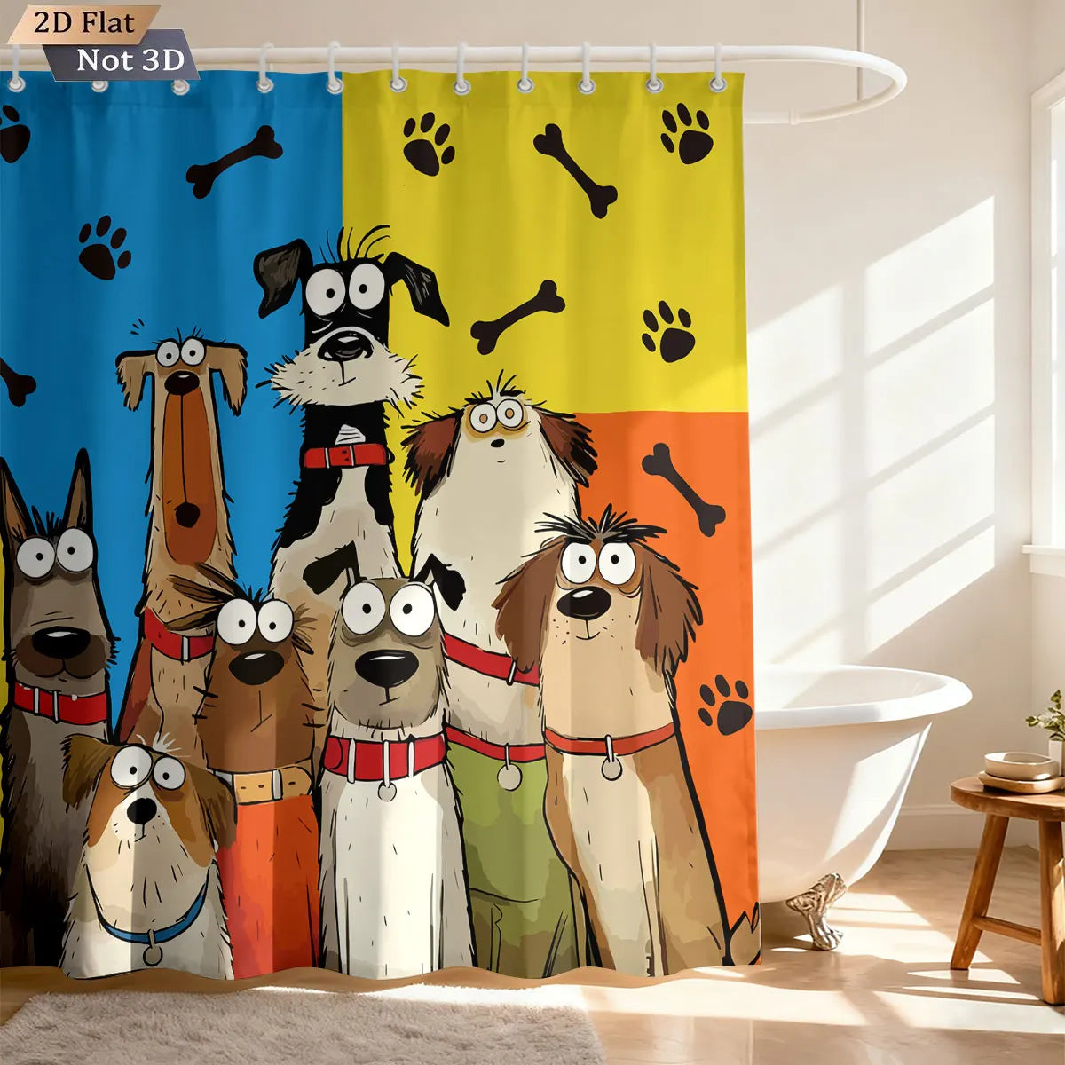 rideau douche imperméable dessins animés chiens bleu jaune opacité cartoon anneaux suspension polyester machine