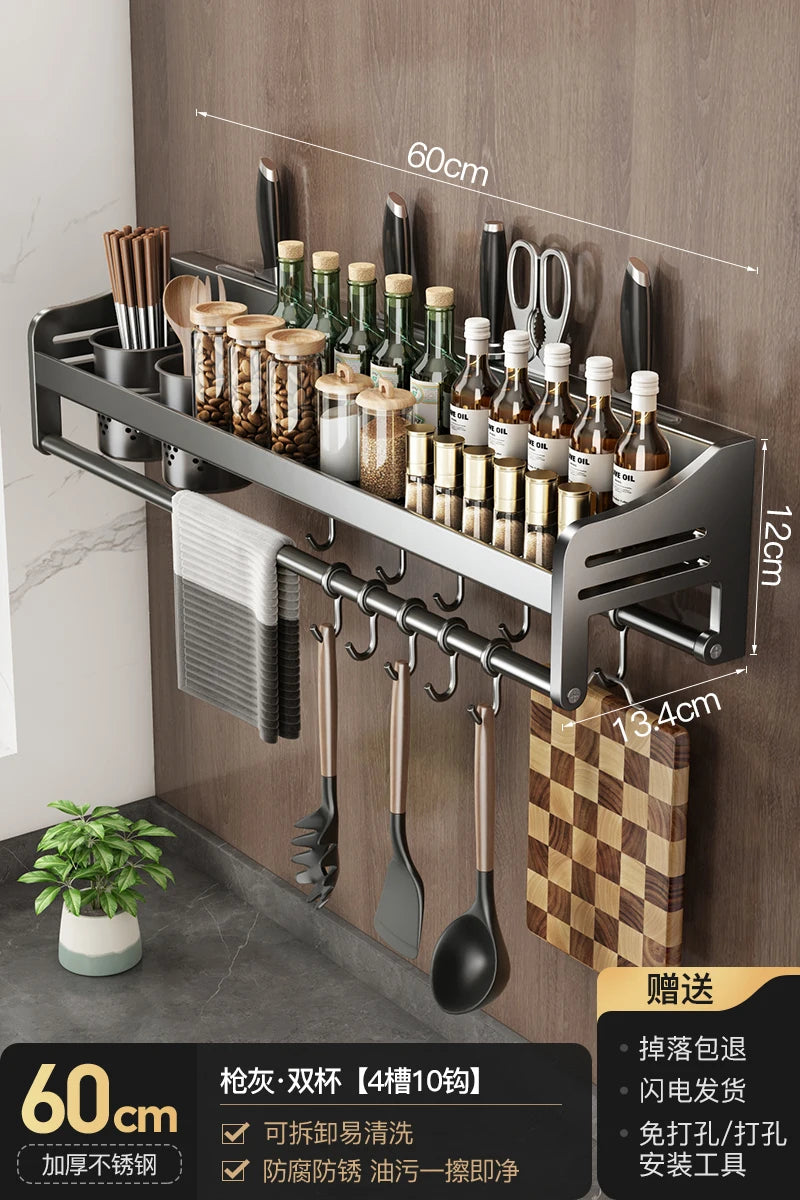 étagère murale cuisine ustensiles moderne sans perçage argentée 40cm 10 couteaux paires ciseaux horloge