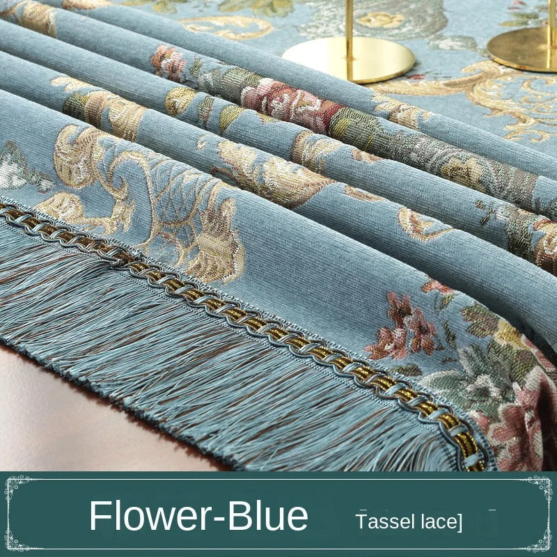 nappe table rectangulaire chenille bleue beige marron motif floral franges classique élégant