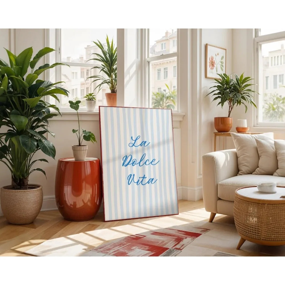 toile art mural décor salle bain bikini bleu texte dolce vita côtier