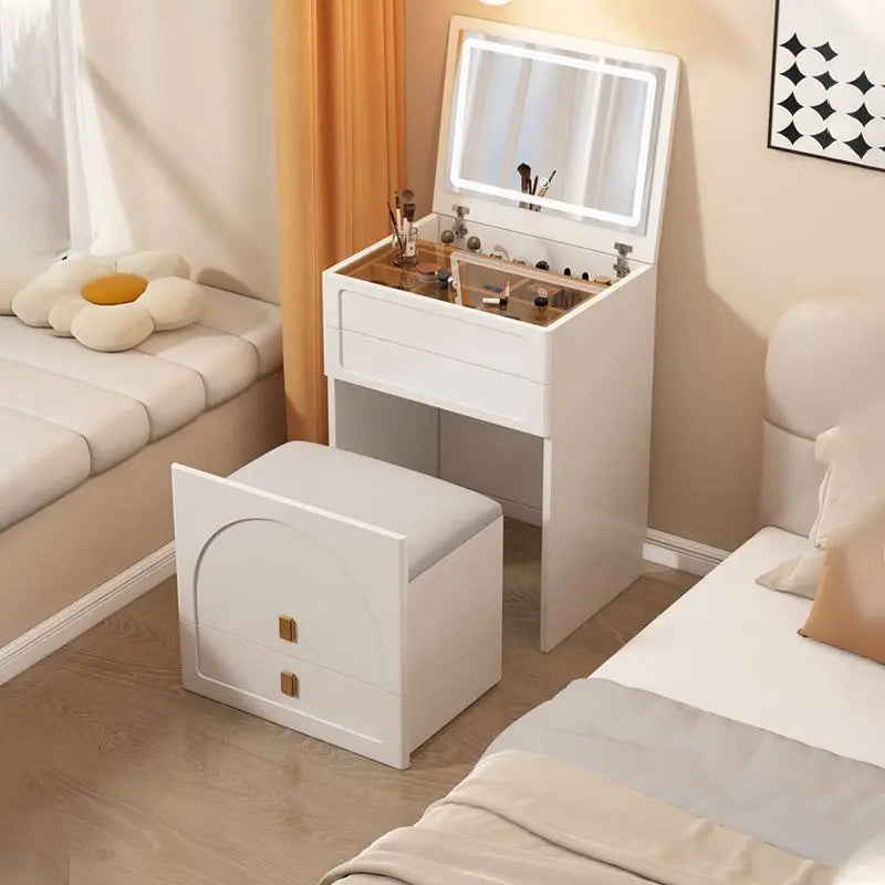 meuble coiffeuse moderne minimaliste blanc doré miroir tiroirs rangement tabouret rembourré