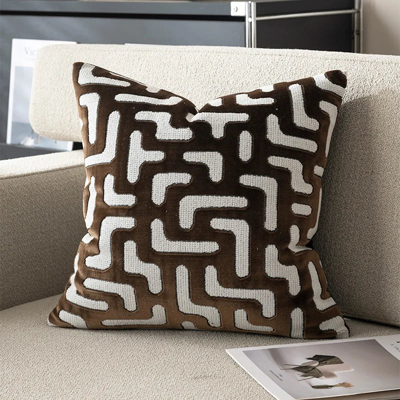 coussin décoratif moderne géométrique polyester nordique beige marron vert foncé fixations 50x50cm 45x45cm 30x50cm