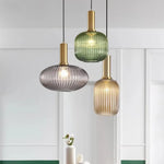 Suspension lumineuse moderne vert gris doré rayures verticales opaques câble noir E27