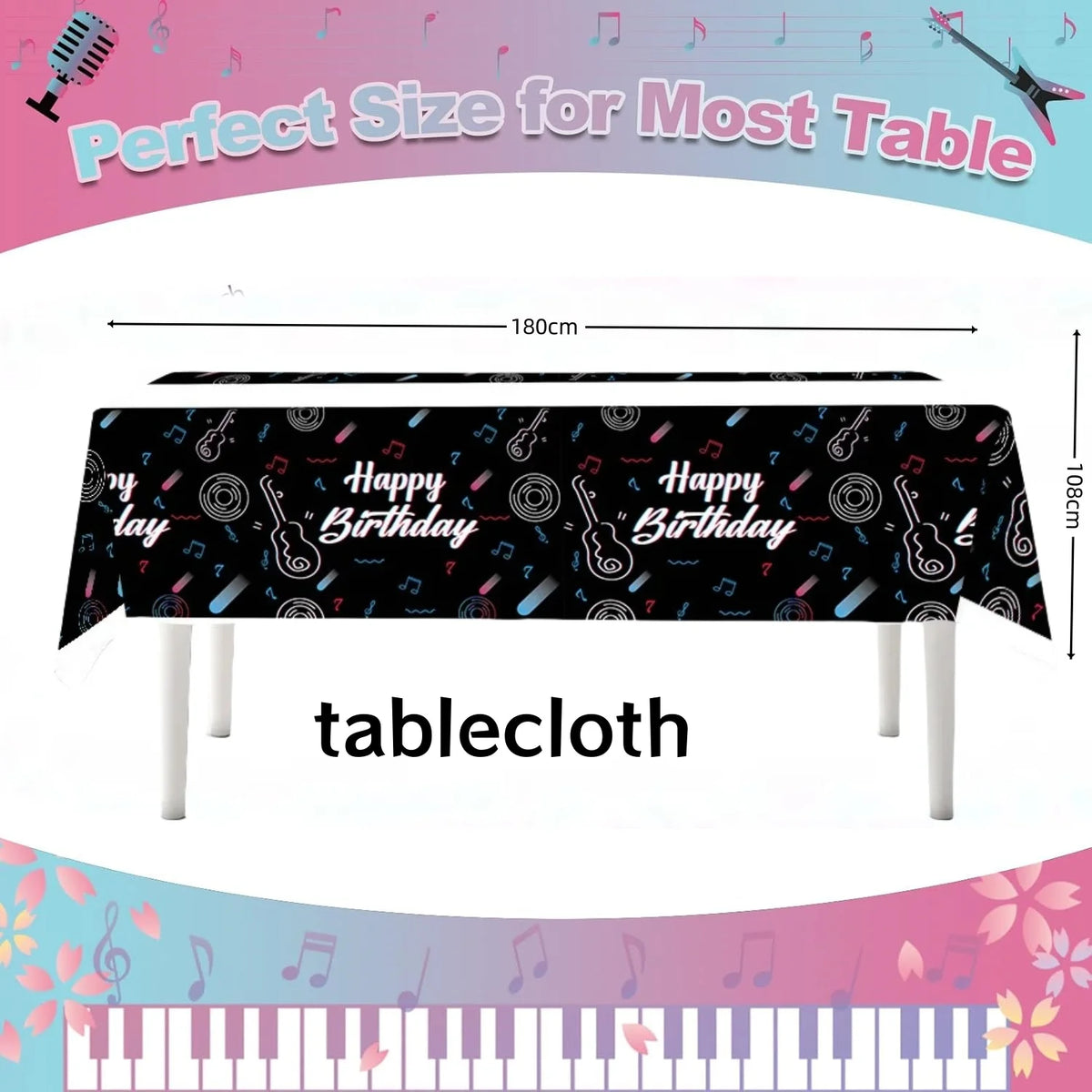 nappe festive années 80 90 guitares musiques danseurs cassettes audio table anniversaire disco rétro
