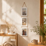 cadre mural plusieurs compartiments moderne minimaliste bois naturel noir cordelette suspension photo famille