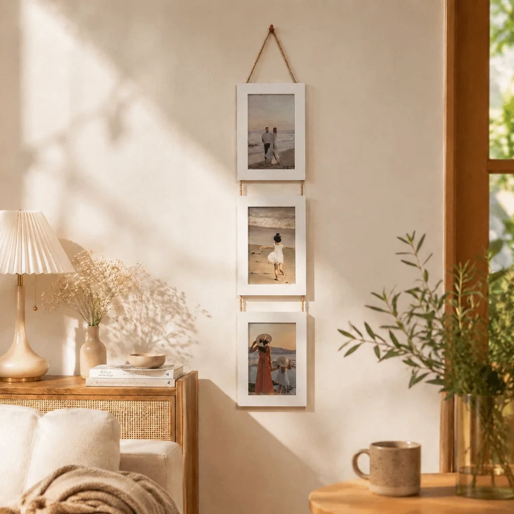cadre mural plusieurs compartiments moderne minimaliste bois naturel noir cordelette suspension photo famille
