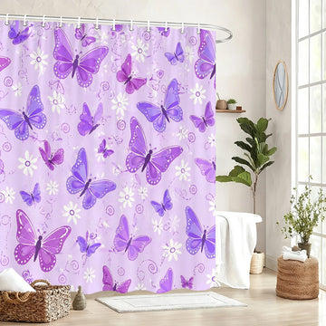 rideau douche violet blanc papillons fleurs moderne abstrait 180x180cm opaquet anneaux