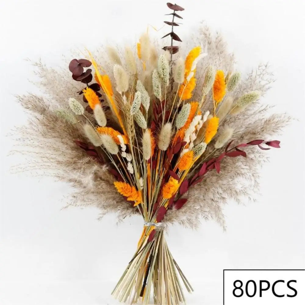 décoration boho bouquet séché eucalyptus pampas feuilles graminées vase naturel orange jaune
