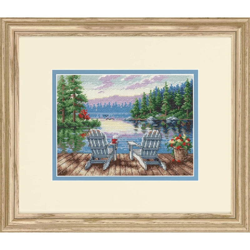 kit broderie points croix paysage lac montagnes arbres fleurs instructions coton aiguilles fils traditionnels