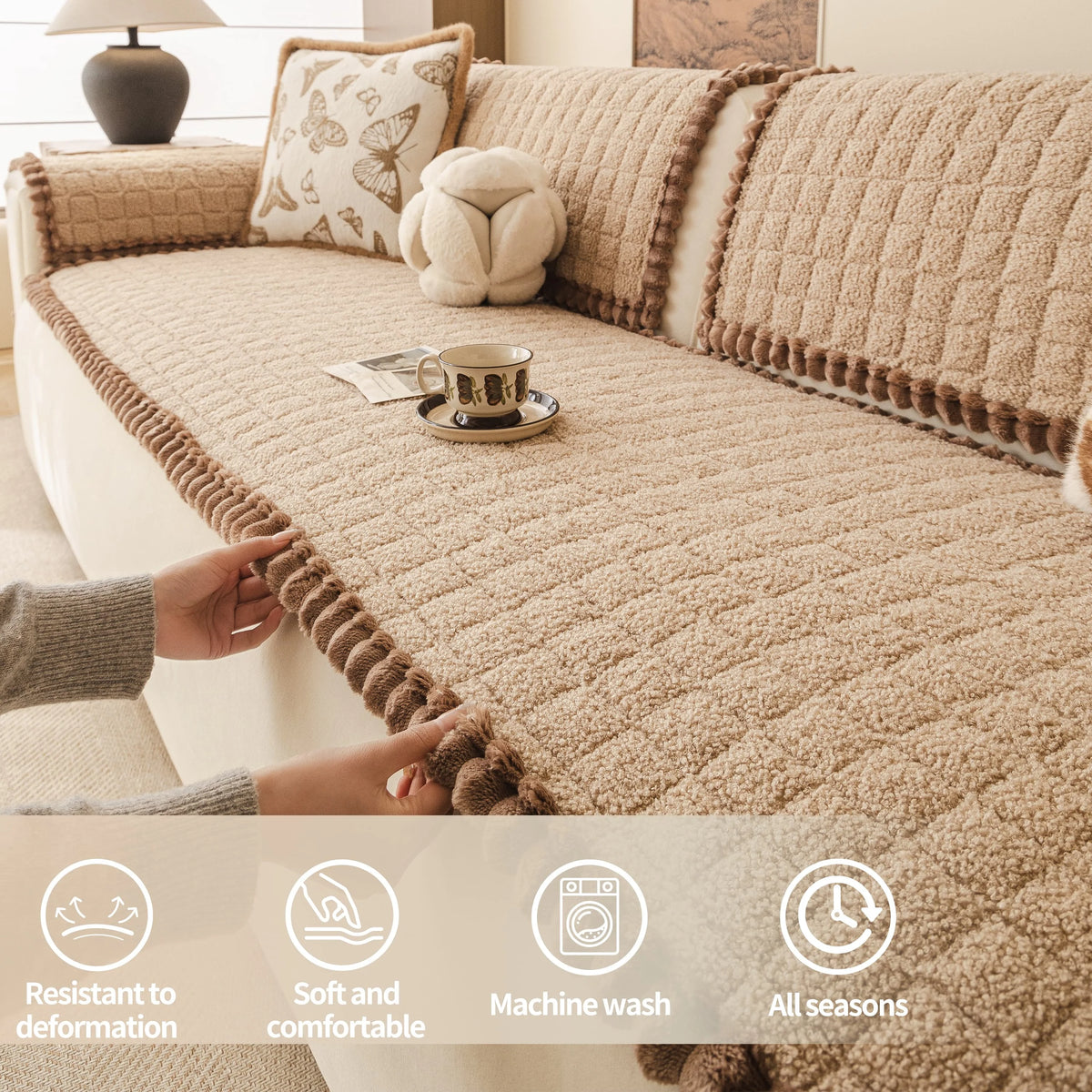 coussin canapé beige moelleux franges marron moderne confortable lavable machine automne hiver
