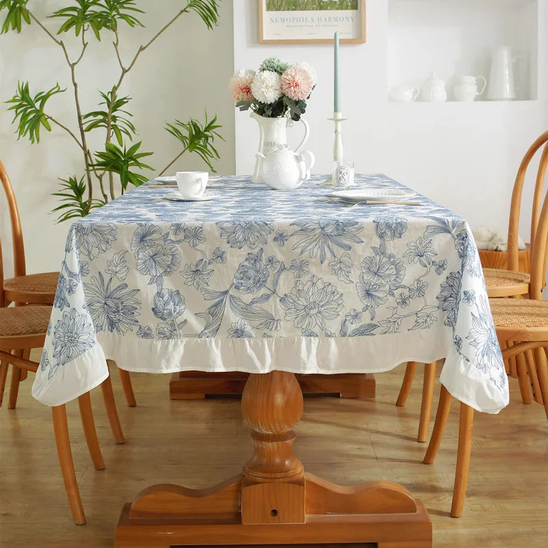 nappe table fleurs stylisées blanc bleu classique romantique réutilisable thème fêtes années pastorale