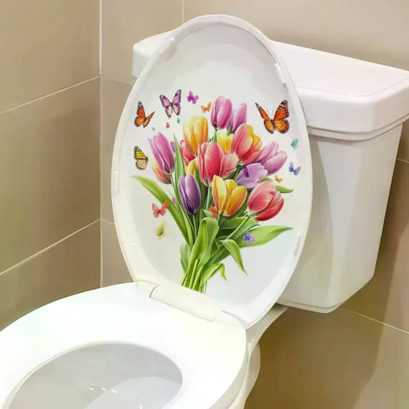 cache wc autocollant fleurs tulipes pivoines papillons herbe roches blanc naturel salle bain décoration