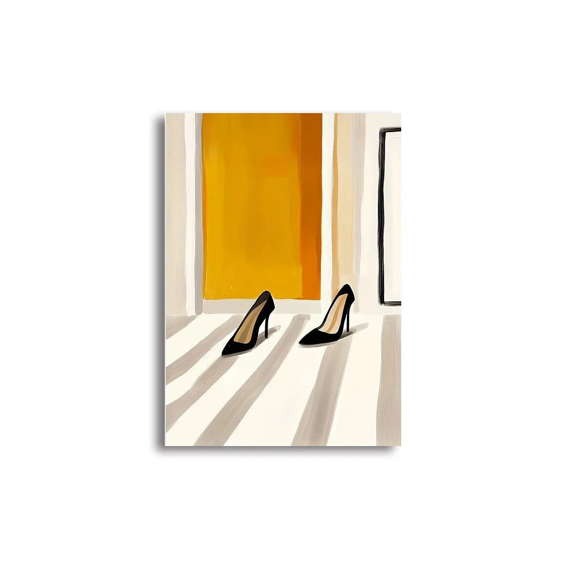 toile d'art moderne abstraite femme talons rayures noires blanches fond jaune 20x30cm 30x40cm 40x60cm