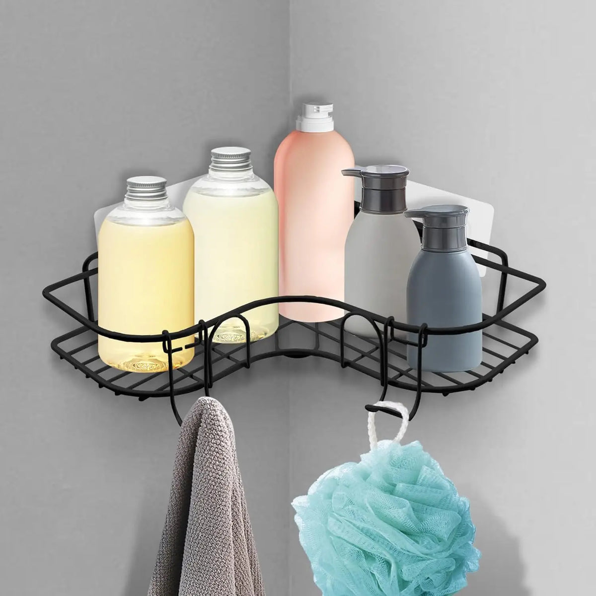 étagère douche noire métal moderne imperméable grille adhésive inclusion crochets instructions